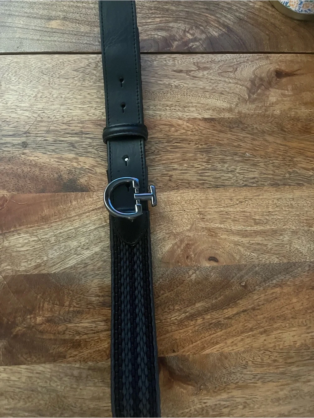NEVER WORN Women's Black Woven Leather-Trim Belt with Gunmetal Buckle